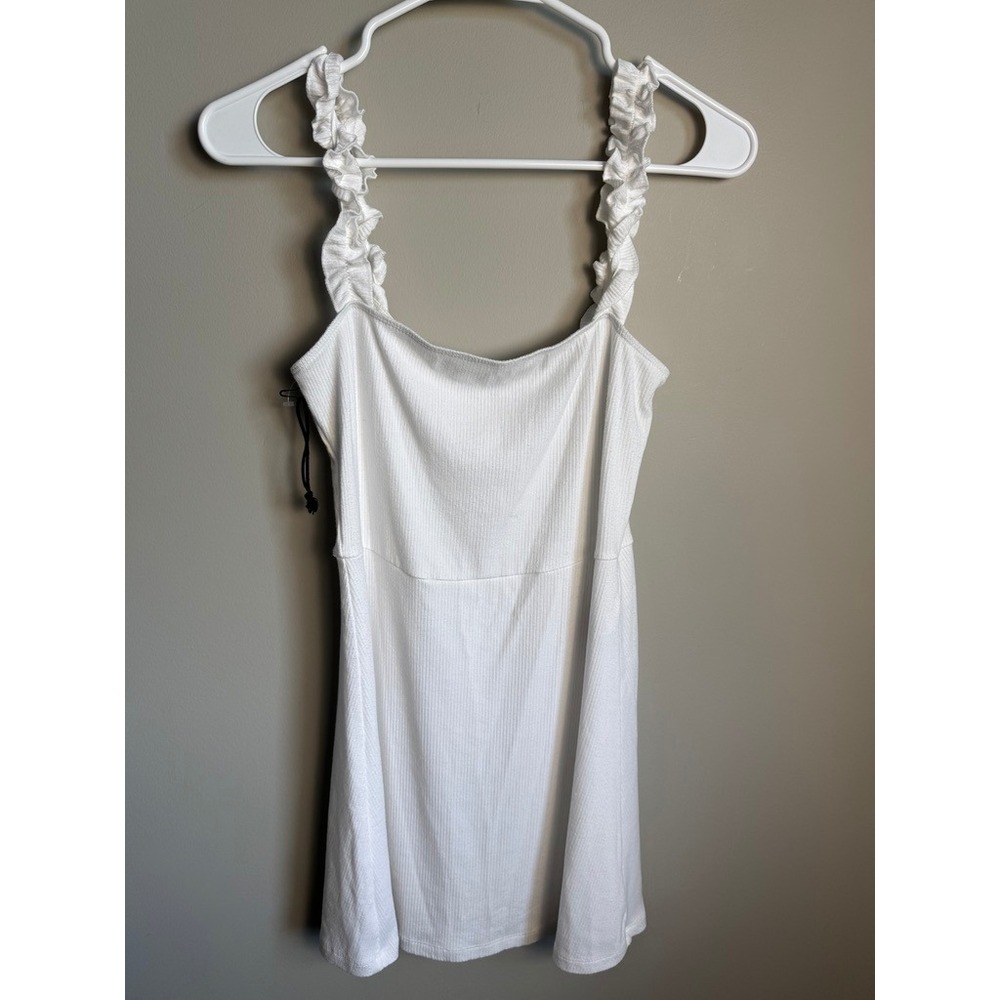 Sunday Best White Ruffle Strap Ribbed Mini‎ Dress Medium Coquette Cottagecore